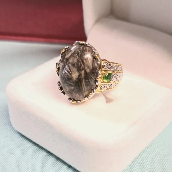 Jewelry - Natural Willemite & Chrome Diopside Ring In 925 Sterling Silver